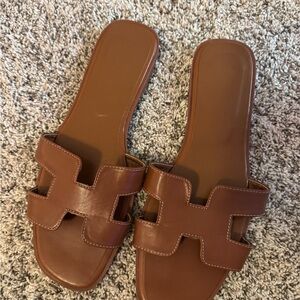 Hermes look a like Cognac Leather H-Plate Slide Sandals